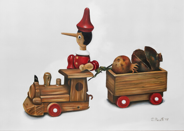 Painting titled "Il Viaggio di Pinoc…" by Damiano Pizzetti, Original Artwork, Oil Mounted on Wood Stretcher frame