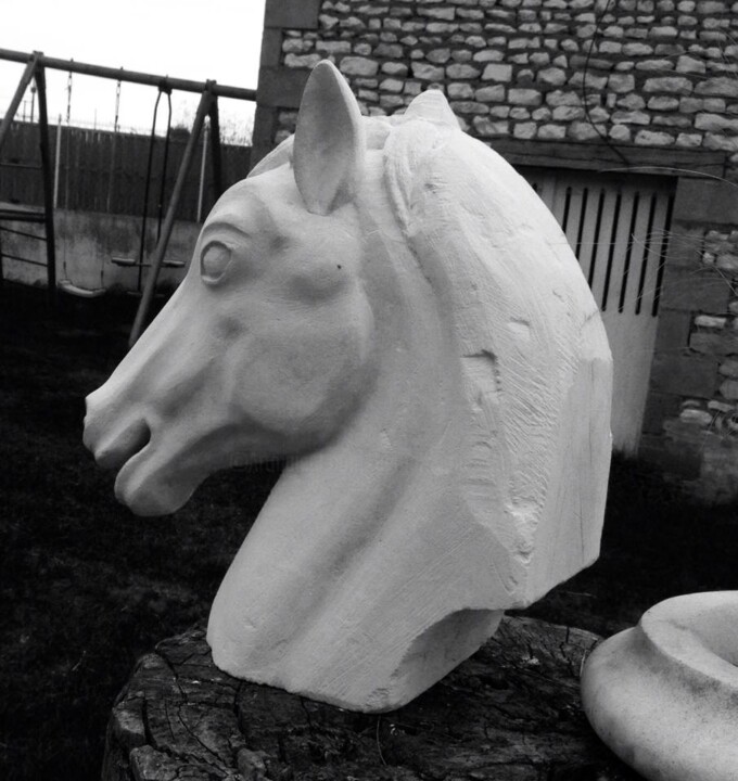 Sculpture titled "Tête de cheval" by Damien Berger, Original Artwork, Stone