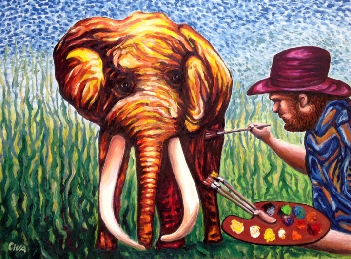 Pittura intitolato "Mammoth elephant an…" da Dan Civa, Opera d'arte originale, Olio