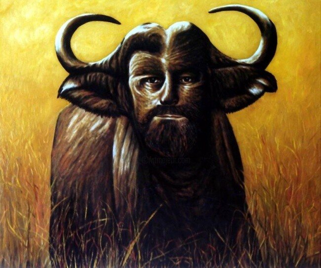 Painting titled "African buffalo wit…" by Dan Civa, Original Artwork, Oil