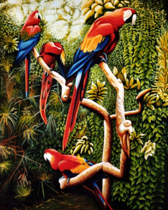 Painting titled "Parrot group, Colom…" by Dan Civa, Original Artwork, Oil