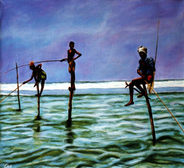 Schilderij getiteld "Stilt fishing, Sri…" door Dan Civa, Origineel Kunstwerk, Acryl