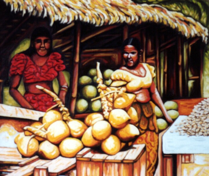 Schilderij getiteld "Coconut shop by the…" door Dan Civa, Origineel Kunstwerk, Olie