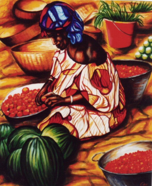 Painting titled "Berry seller at Afr…" by Dan Civa, Original Artwork, Acrylic
