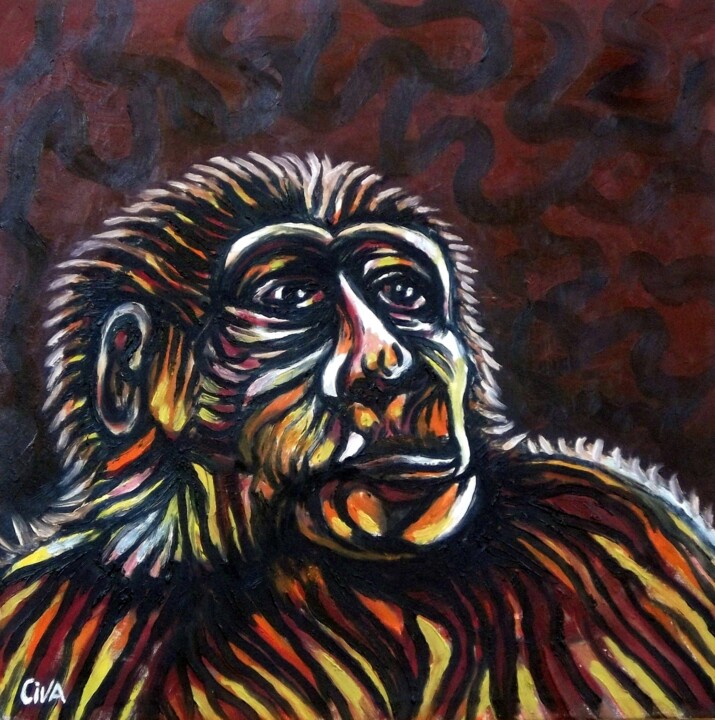 Malerei mit dem Titel "Chimpanzee portrait…" von Dan Civa, Original-Kunstwerk, Öl