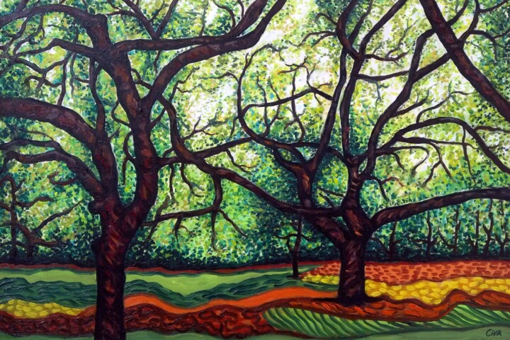 Schilderij getiteld "Chestnut plantation…" door Dan Civa, Origineel Kunstwerk, Olie