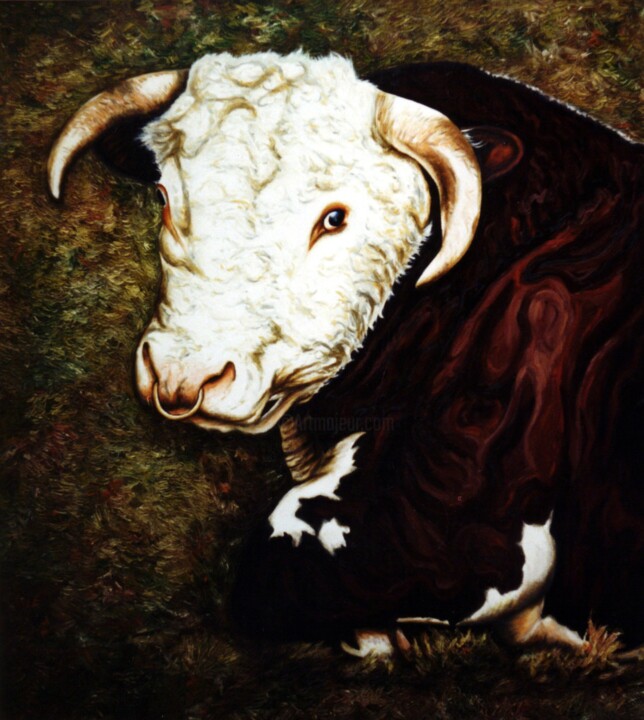 Painting titled "Danish Hereford cow" by Dan Civa, Original Artwork, Oil
