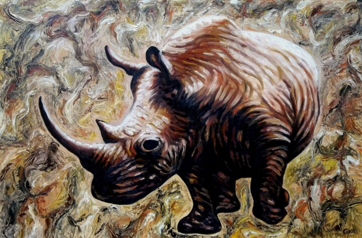 Painting titled "Rhinoceros" by Dan Civa, Original Artwork, Oil