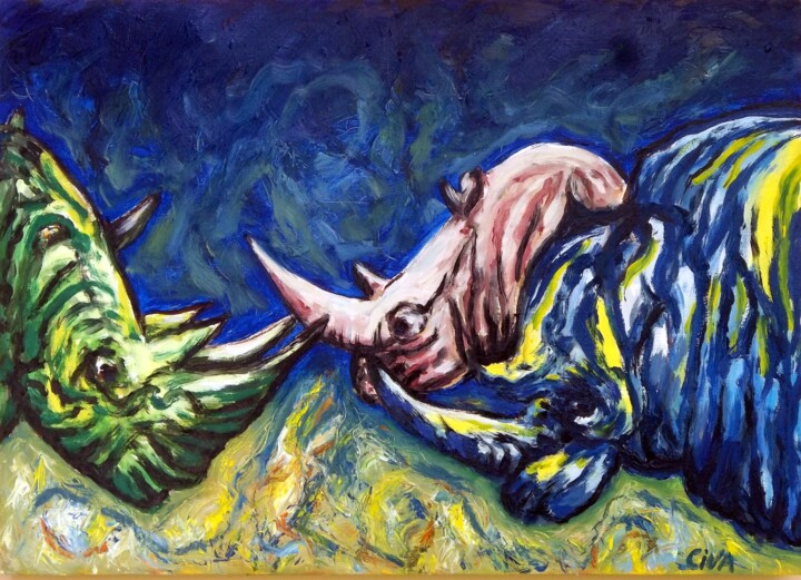 Painting titled "Rhinoceros (2016 no…" by Dan Civa, Original Artwork, Oil