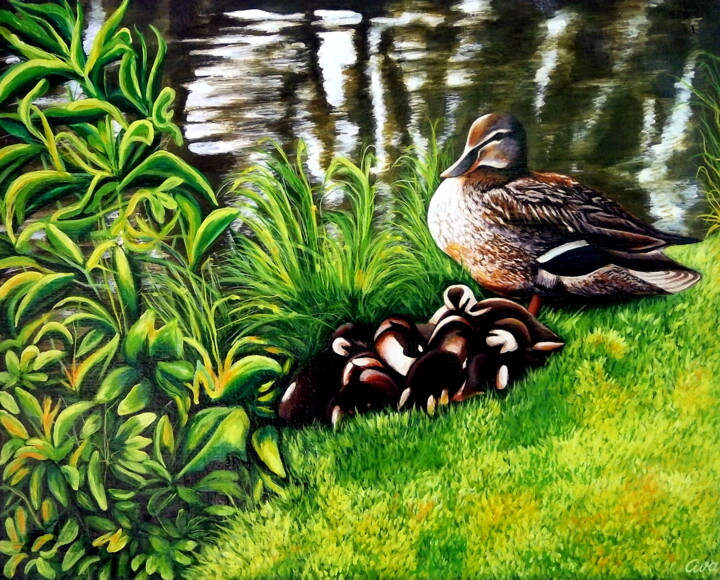 Painting titled "Duck with ducklings…" by Dan Civa, Original Artwork, Acrylic