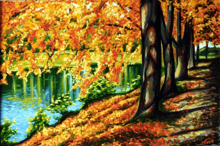 Malerei mit dem Titel "Autumn with lake, D…" von Dan Civa, Original-Kunstwerk, Öl