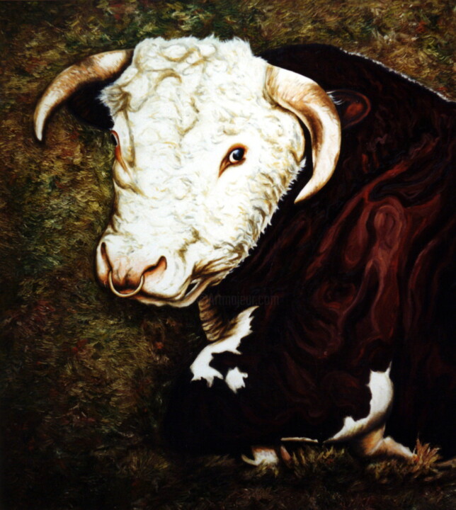 Painting titled "Hereford cow" by Dan Civa, Original Artwork, Oil
