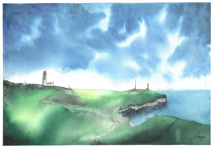 Painting titled "Lighthouse and cliff" by Dan Lago, Original Artwork, Watercolor