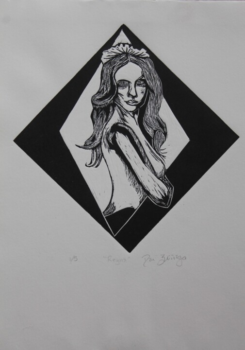 Druckgrafik mit dem Titel ""Reyna"" von Dan Mendoza, Original-Kunstwerk, Linoldrucke