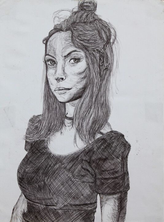 Drawing titled ""Retrato de una señ…" by Dan Mendoza, Original Artwork, Ballpoint pen