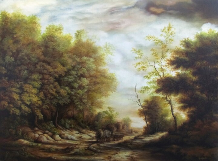 Painting titled "Forest Road" by Dan Scurtu, Original Artwork, Oil