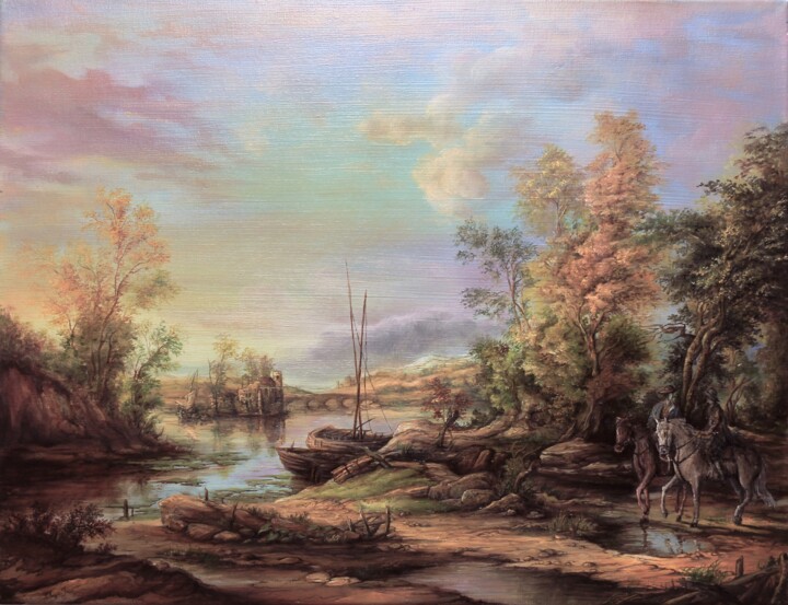 Painting titled "River Scene" by Dan Scurtu, Original Artwork, Oil