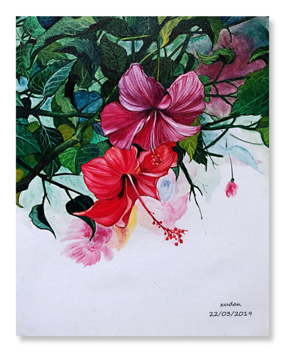 Peinture intitulée "camellia" par Dan Xu, Œuvre d'art originale, Huile Monté sur Châssis en bois