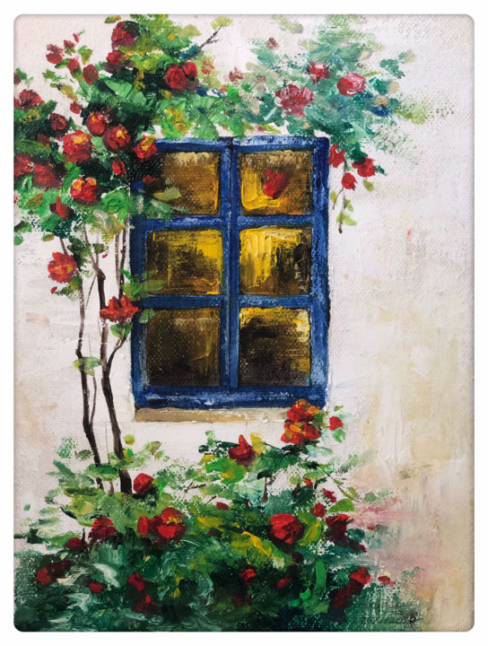 Peinture intitulée "Fenêtre fleurie" par Dan Xu, Œuvre d'art originale, Huile Monté sur Châssis en bois