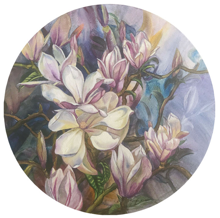 Peinture intitulée "Magnolia la nuit" par Dan Xu, Œuvre d'art originale, Huile Monté sur Châssis en bois