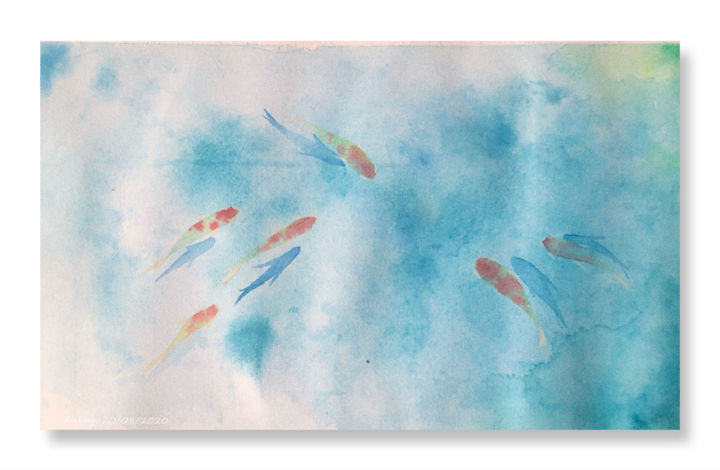 Dessin intitulée "Étang de piscicultu…" par Dan Xu, Œuvre d'art originale, Aquarelle