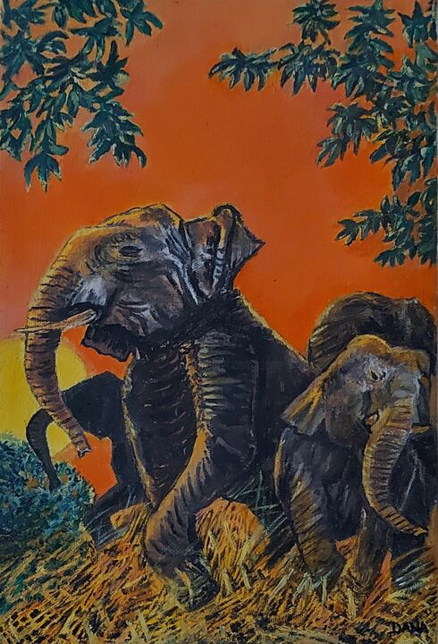 Peinture intitulée "Éléphants" par Dana Art, Œuvre d'art originale, Huile Monté sur Panneau de bois