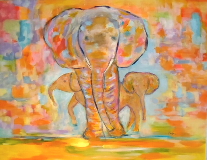 Malerei mit dem Titel "Éléphants colorés" von Dana Art, Original-Kunstwerk, Acryl