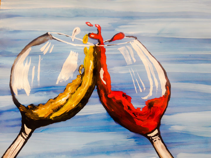 Pintura titulada "Два бокала с вином" por Dana Queen, Obra de arte original, Acuarela
