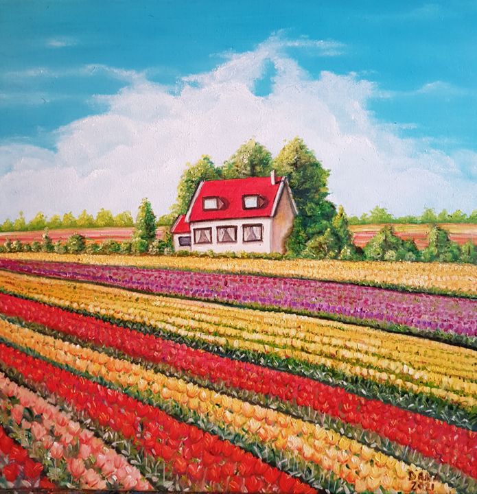 Pittura intitolato "Campo con tulipani" da Daniela Paun, Opera d'arte originale, Olio