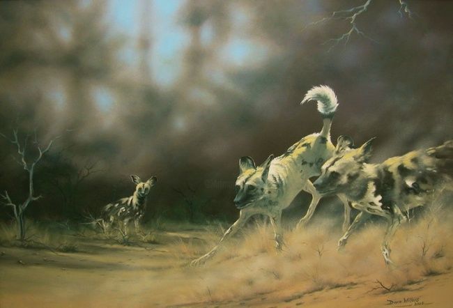 Pittura intitolato "African Wild Dogs:" da Dane Willers, Opera d'arte originale, Olio