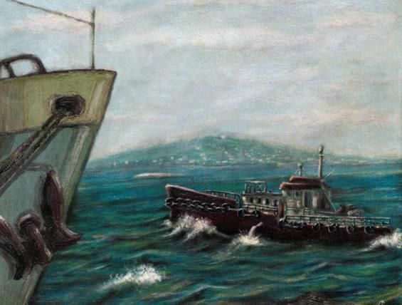 Pintura titulada "barco y cerro" por Dangar, Obra de arte original