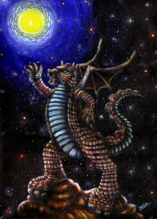 Painting titled "dragon y luna" by Dangar, Original Artwork, Other
