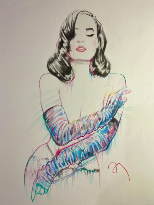 Painting titled "Dita Von Teese art" by Dani Alexsandrova, Original Artwork, Conté