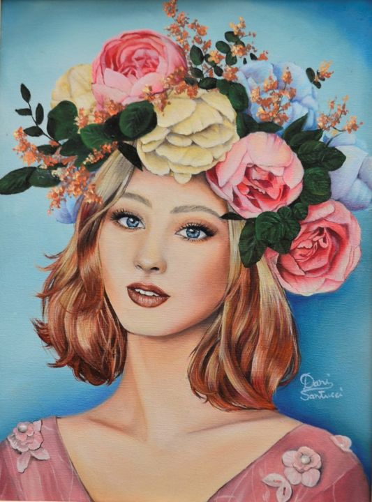 Painting titled "Lady with flowers" by Dani Santucci, Original Artwork, Oil