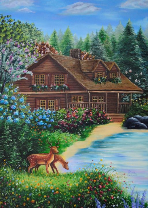 Painting titled "Deer Creek Rereading" by Dani Santucci, Original Artwork, Oil