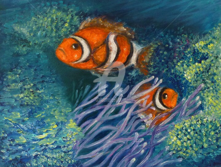Painting titled "poissons clowns (le…" by Daniel Bahuaud, Original Artwork, Oil