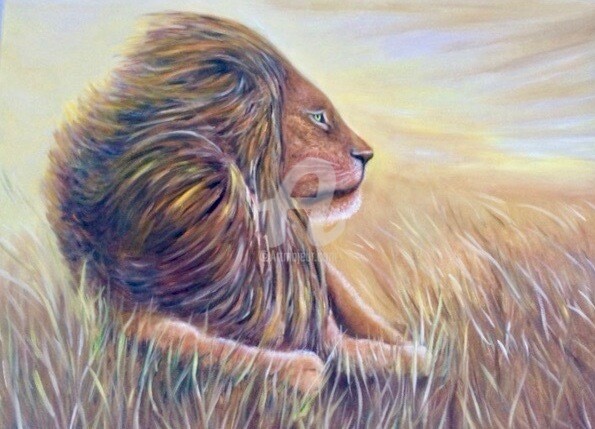 Peinture intitulée "sagesse d'un lion !" par Daniel Bahuaud, Œuvre d'art originale