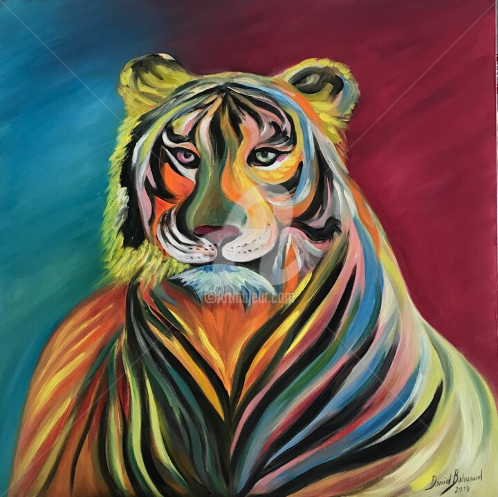 Painting titled "tigre multicolor !" by Daniel Bahuaud, Original Artwork, Oil