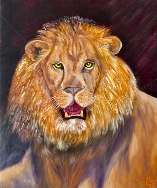 Painting titled "lion rugissant !" by Daniel Bahuaud, Original Artwork, Oil Mounted on Wood Panel