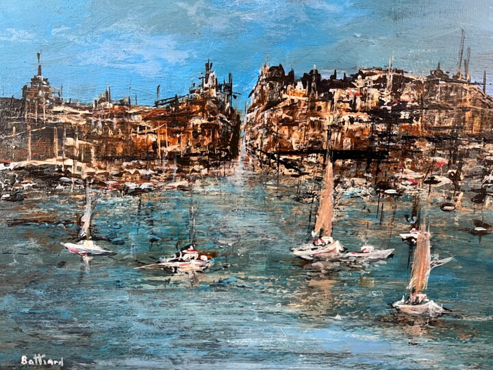 Pittura intitolato "Le petit port 3" da Daniel Bathiard, Opera d'arte originale, Olio