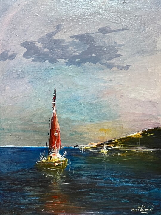 Peinture intitulée "Le voilier rouge au…" par Daniel Bathiard, Œuvre d'art originale, Huile