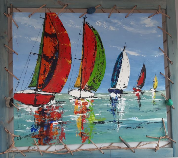 Painting titled "régate en mer" by Daniel Bruneaux, Original Artwork, Acrylic Mounted on Other rigid panel