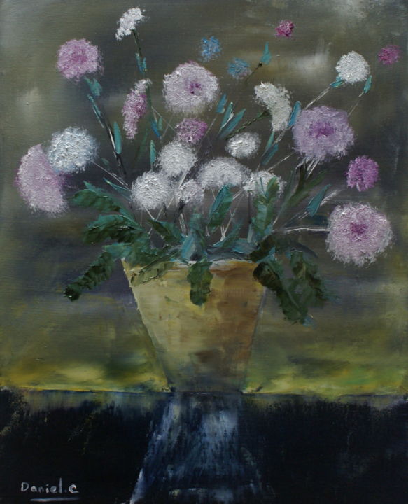 Peinture intitulée "Fleurs pompon" par Daniel.C, Œuvre d'art originale, Huile