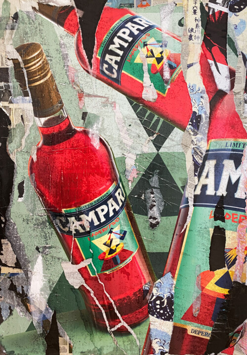 Collages getiteld "Campari" door Daniel Carena, Origineel Kunstwerk, Collages Gemonteerd op Frame voor houten brancard