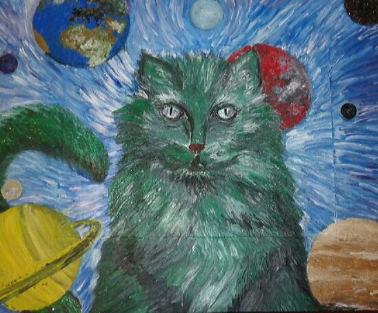 Pittura intitolato "gatto-verde-e-9-pia…" da Daniel Flower, Opera d'arte originale, Olio