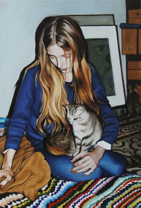 Painting titled "Girl with cats" by Daniel García, Original Artwork, Oil
