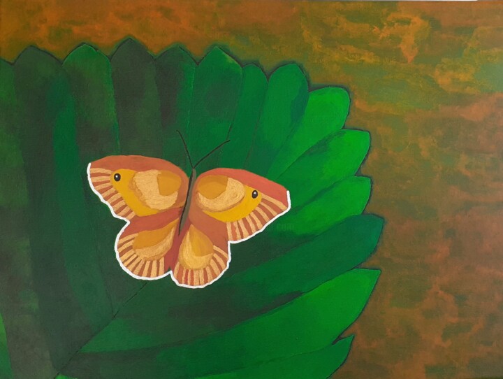 Peinture intitulée "Papillon sur feuille" par Daniel Garcia (Léo), Œuvre d'art originale, Acrylique