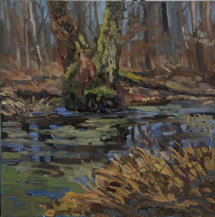 Painting titled "RZEKI PUSZCZY BIAŁO…" by Daniel Gromacki, Original Art, Oil