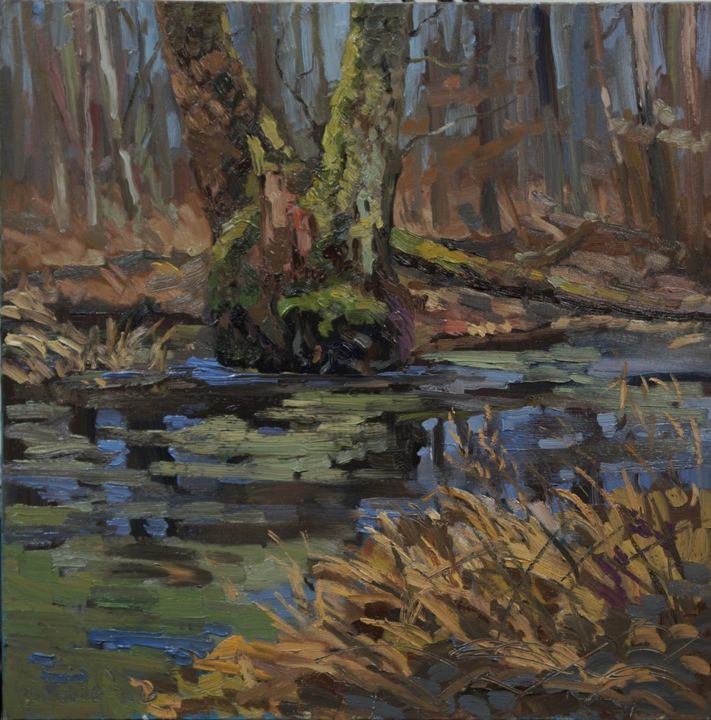 Painting titled "RZEKI PUSZCZY BIAŁO…" by Daniel Gromacki, Original Artwork, Oil