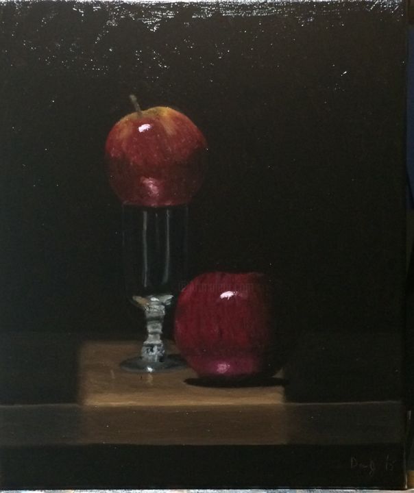 Painting titled "Shadow Box Apples" by Flatty, Original Artwork, Oil